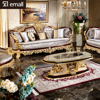 Ensemble de canapés en or de style européen, bois massif sculpté, combinaison de tissus, mobilier de luxe pour salon de villa de palais français, pour usage domestique