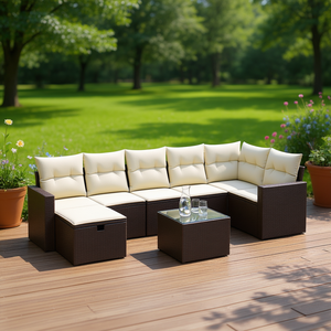 Grand ensemble de canapés de jardin en polyrotin marron, acier et verre trempé – Mobilier d'extérieur haut de gamme - Product Image 2