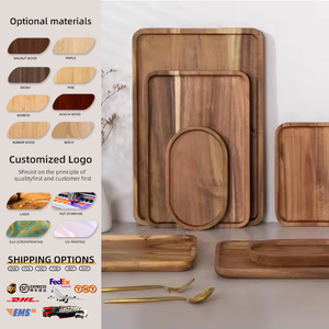 Plateau de service rectangulaire en <span class=keywords><strong>bois</strong></span> d'acacia avec poignées, durable, pour petit-déjeuner japonais, café, thé, nourriture - Product Image 1
