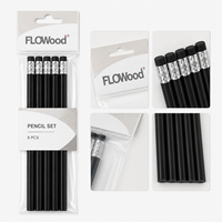 FLOWood Lot de 5 crayons en bois, crayons à mine noire avec gomme, sac de rangement suspendu, pour bureau et école