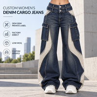 Jean cargo en denim color block personnalisé pour femme, taille haute, jambe large, patchwork, coupe évasée, double boutonnage, pour le streetwear