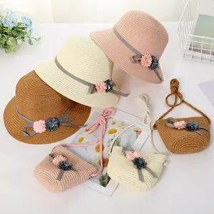 여름 소녀 어린이 2 조각 세트 밀짚 모자 + 핸드백 새로운 꽃 바이저 밀짚 모자 패션 아이 아기 소녀 태양 모자