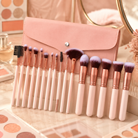 Kit de 16 pinceaux de maquillage professionnels roses pour le visage entier avec pochette de rangement, logo personnalisé, pour fond de teint, blush et fard à paupières