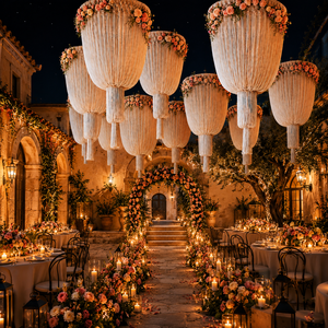 Lanterna a sospensione personalizzata in macramè per matrimoni con fiori artificiali in seta e nappe, lampadario per sfondo di ricevimenti, all'ingrosso - Product Image 1