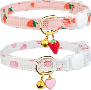 Modisches rosa Baumwoll-Breakaway-Katzen halsband Rosa Erdbeeren und weißer herzförmiger Anhänger Nettes Kätzchen-Katzen halsband - Product Image 1