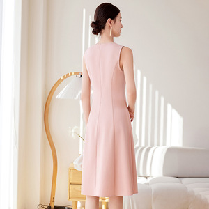 Sleeveless Vest Dress O-Neck Solid Color Apricot Pink Black Polyester Natural Waistline Simple Style Evening Dress - Product Image 4