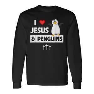 Camiseta cristiana de manga larga con diseño de pájaro sin alas y Biblia, con la frase 'I Love Jesus And Penguins' - Product Image 1