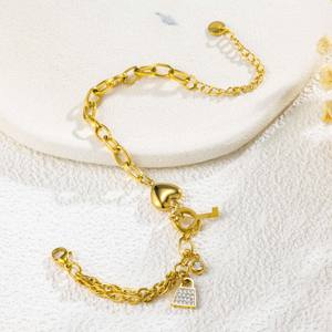 Stainless Steel 18K Gold Plated Combination Chain Zircon <b>Bracelet</b>-Heart Lock Key Pendant Design Versatile Stylish Party Jewelry - Product Image 2