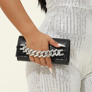 Nouvelle pochette de soirée pour femme en PU motif crocodile avec chaîne cubaine ornée de strass brillants - Product Image 1