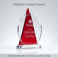 Trophée personnalisé en cristal avec icône, plaque ronde transparente à dos triangulaire rouge et bleu, récompense pour employé pour une longue durée de service, logo gravé au laser