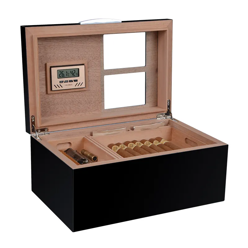 Case Elegance Glass Top Humidor Plateau en cèdre Système d'humidification facile Boîte à cigares Hygromètre numérique précis