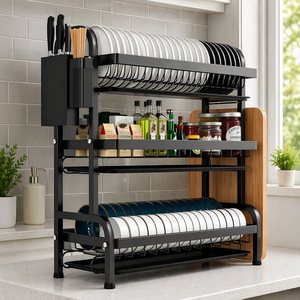 Égouttoir à vaisselle grande capacité en acier inoxydable à 3 niveaux, réglable et étanche, pour rangement de plats de cuisine - Product Image 1