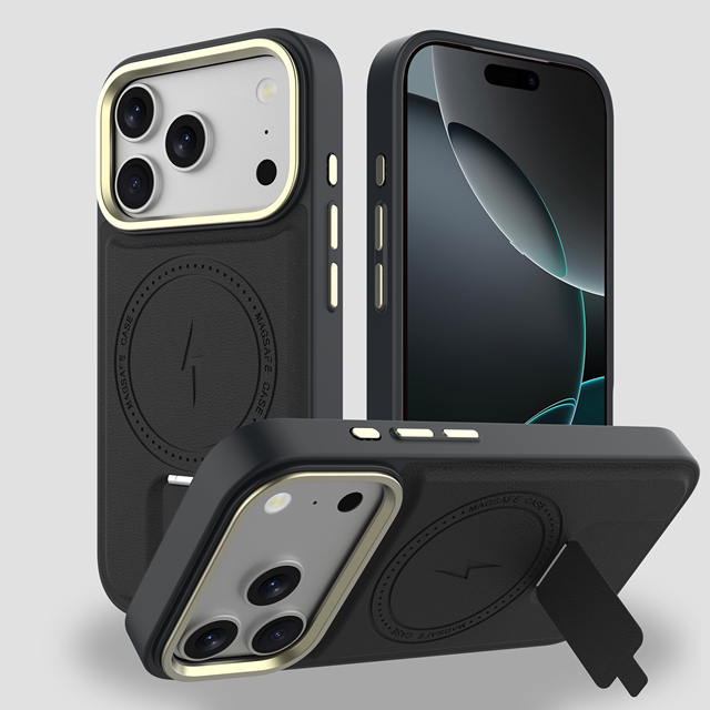 Patent Design Stand Holder Leather Back Cover with Strip Stand for iPhone 17 Pro Max Wholesale Laudtec Private Label/ODM OEM
