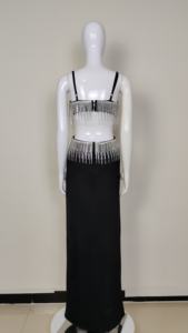 Abito da festa di compleanno abiti da sera da sera Sexy abito da sera lungo da donna senza schienale con nappe nere - Product Image 3