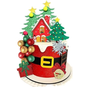 Set de Adornos para Pastel de Árbol de Navidad y Casa de Jengibre con Bolas Verdes y Rojas y Decoraciones de Copos de Nieve para Postres Festivos - Product Image 3