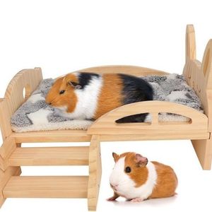 Cuccia per piccoli animali in legno massello con scale, cuscino nido rimovibile, per porcellini d'India, conigli, criceti, stile villa universale - Product Image 1