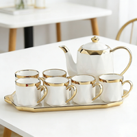 Ensemble de tasses à café en céramique avec bordure dorée de luxe, glaçure colorée, soucoupe en porcelaine, tasse à thé en céramique, cafetière en céramique avec plateau