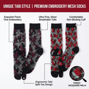 Chaussettes Tabi en maille brodée Rose Gothique Jingwen OEM Oeko Tex100 - Chaussettes transparentes à deux orteils motif floral vintage - Product Image 1