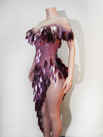 Robe de danse sexy pour groupe de filles, couleur violet ombré, avec plumes 3D, feuilles, strass, maille transparente et fente haute, tenue de scène, Drag Queen