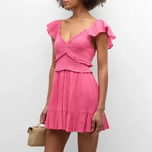 Fashion New Custom Summer Women Smocked Ruffle-Sleeve Cotton Gauze Mini Dress V neckline Short Flutter Sleeves A-Line Dress