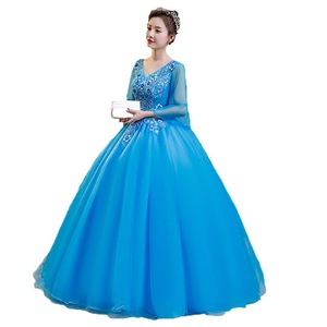Blue Ethereal Long Evening Gown For Hostess Stage Performance Women Adult Tutu Skirt Polyester Fabric Lake Blue - Product Image 5