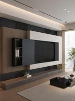 Mueble de TV Flotante con Almacenamiento LED y Estantes Abiertos, Madera de Nogal Moderna para Sala de Estar