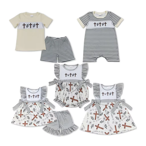Ropa de Pascua al por Mayor para Bebés Niñas y Niños, Conjunto de 2 Piezas con Bordado de Cruz y Rayas, Vestido con Pantalones Cortos, Trajes de Primavera para Niños - Product Image 5