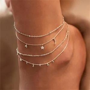 时尚饰品4pcs银色分层星星月亮吊坠女式脚链