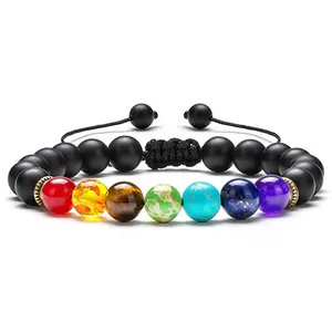 Bracelet porte-bonheur pour hommes, 7 Chakra tressés en macramé, bijou fait à la main, accessoire à perles d'agate noir mat