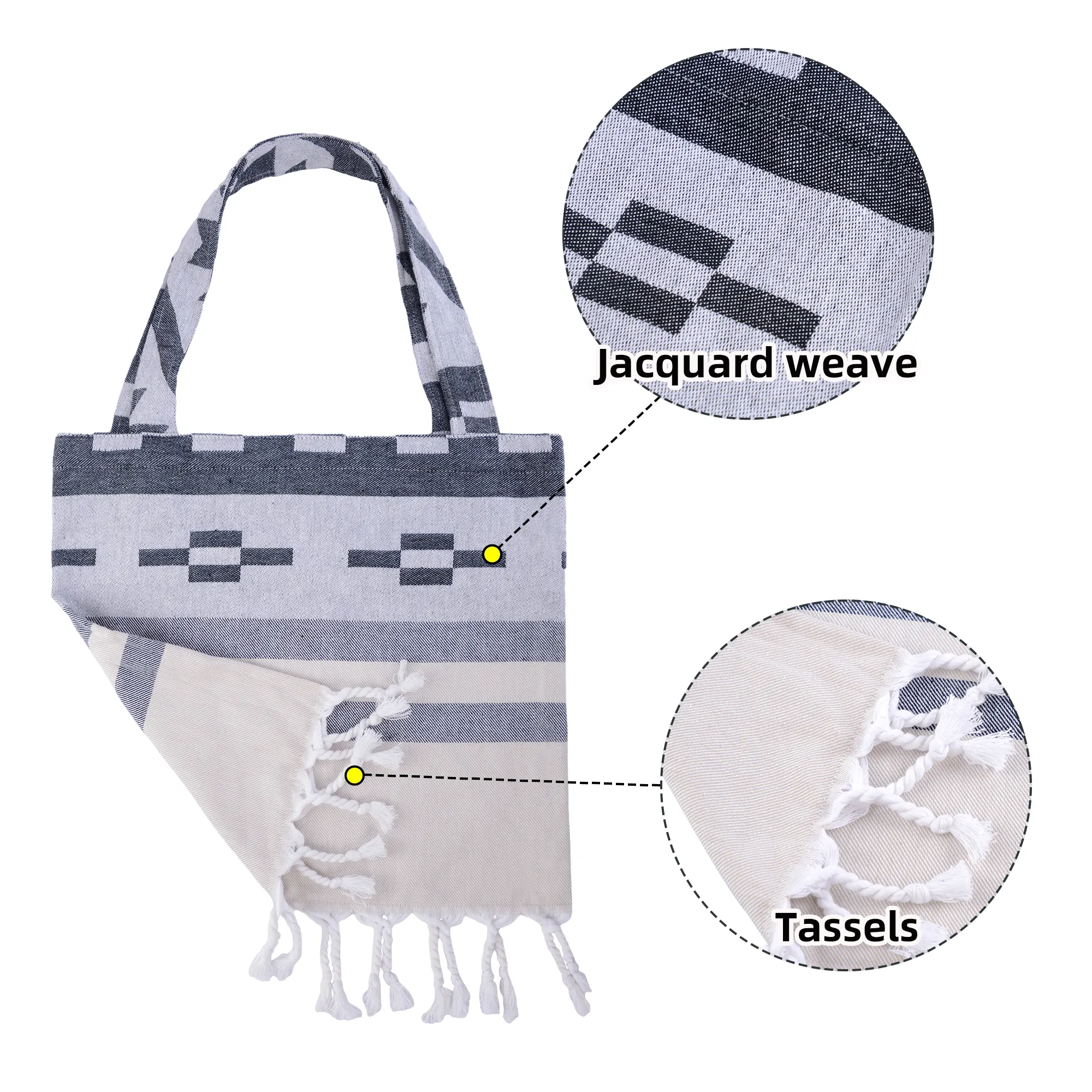 Multifunctional 100% Cotton Yarn-dyed Jacquard Tassel Handheld Shopping Tote Bag Can Be Used as a Towel to Wipe Your Body