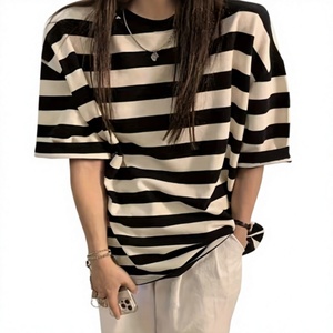 Women <b>Red</b> White Striped Short Sleeve ONeck <b>TShirt</b> Loose Fit Casual Top Spring Summer 100% Cotton Knitted Breathable Daily Wear - Product Image 1
