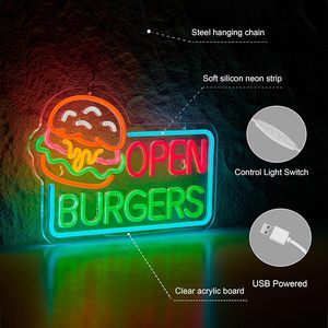 Hamburger shop open neon LED indoor hanging ambient light wall decoration shop <b>sign</b> entrance indicator light luminous <b>sign</b> 5v12v - Product Image 2
