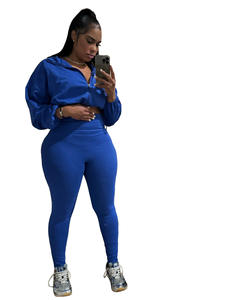 Bahar moda kadın giyim düz renk takım elbise rahat kırpma üst örme seksi standı yaka kadın 2 parça pantolon seti - Product Image 2