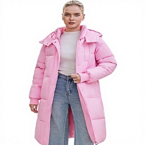 Veste longue matelassée rose pour femme, manteau d'hiver à capuche, manches longues, couleur unie, épaisse et chaude, en fibre de polyester - Product Image 1