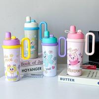 Bouteille d'eau isotherme en acier inoxydable de 700 ml pour enfants, avec poignée, motif dessin animé, grande capacité, mignonne, avec double paille