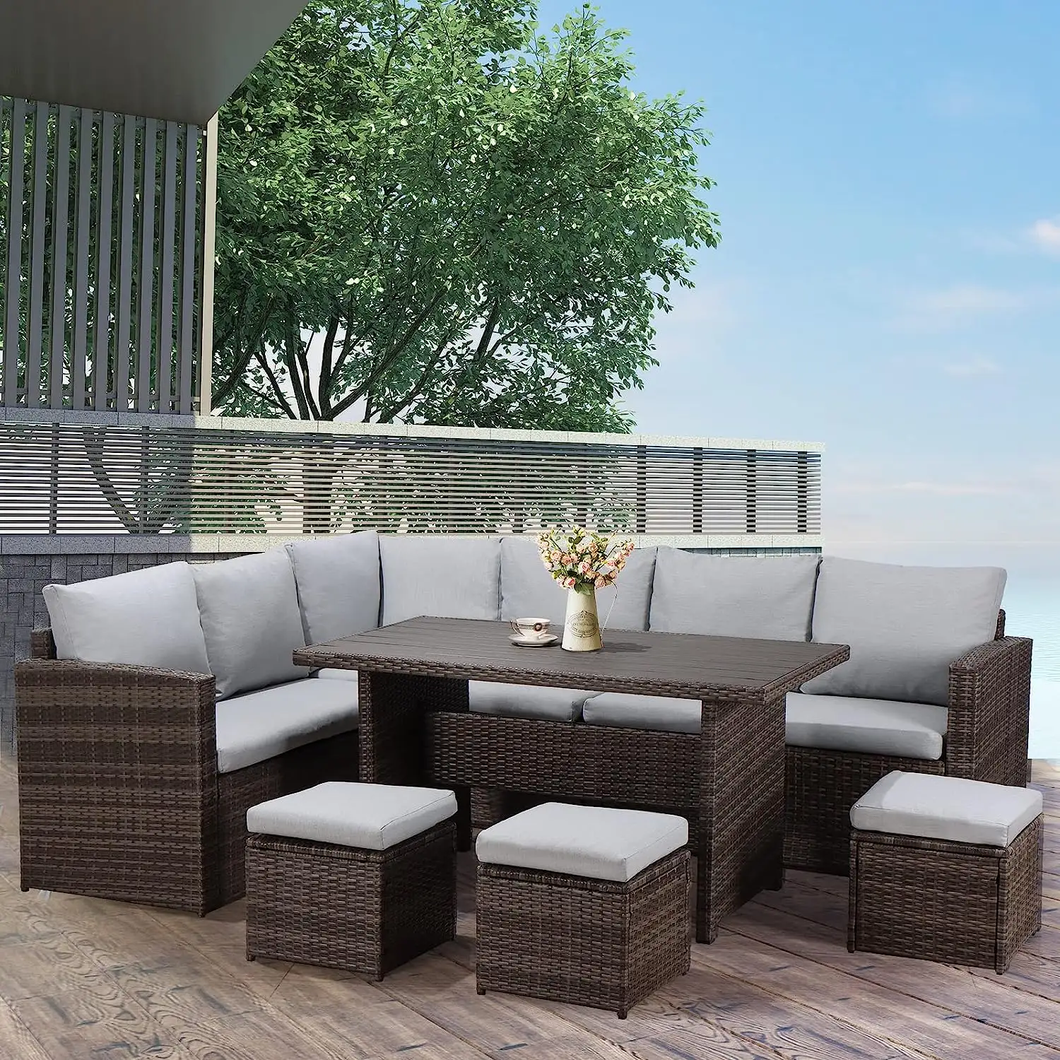 Bahçe Rattan hasır mobilya açık salon seti Rattan açık sandalyeler ve yüksekliği ayarlanabilir masa ile kanepeler