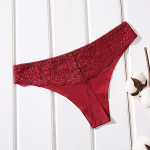 Wholesale Women Eyelash Lace Spliced <b>Thong</b> Panties Solid Color Soft Low Waist Sexy Underwear Plus Size <b>Seamless</b> T-back Panties - Product Image 1