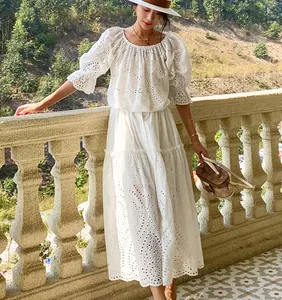 Holiday Elegant Plus Size Half Sleeve Top Bohemian Hollow Embroidery Romantic Casual Women Long Cotton Off-shoulder Top Skirt