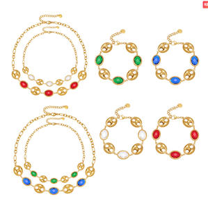 Conjunto de Joyería de Moda al por Mayor, Elegante, de Acero Inoxidable, con Eslabones Huecos en Forma de Nariz de Cerdo, Pulsera y Collar con Piedras de Cristal Ovaladas para Mujer - Product Image 5