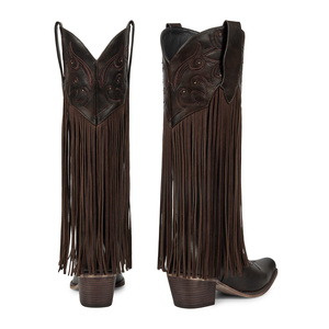 WETKISS Bottes Western pour Femme, hauteur genou, à franges et pompons, avec fermeture éclair latérale, bout pointu, talon moyen, style Cowgirl, pour Concerts Country - Product Image 3