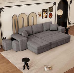 Modern Square 3 Seat Reversible Sectional <b>Sofa</b> Set Pull Out Sleeper with Storage Chaise 2 <b>Stools</b> for Apartment Living Room - Product Image 3