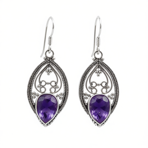 Orecchini Pendenti in Argento Tibetano con Gemma Viola Taglio a Goccia, Montatura a Castone, Orecchini Pendenti da Donna alla Moda, Gioielli per Feste - Product Image 1