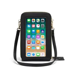 Bolsas de pu de mão transparente, mini bolsa de celular com tela sensível ao toque transparente