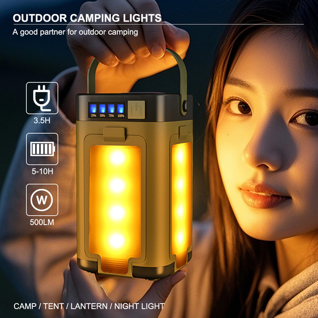 Waterproof IP44 Outdoor LED Camping Lantern Solar Rechargeable Type-C Charging Aluminum Alloy 6 Light Modes White/Yellow/Orange