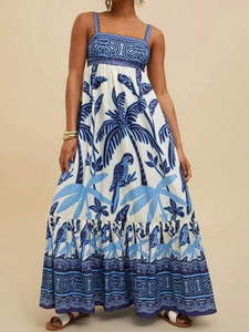 Vestido largo con tirantes finos y estampado de plantas Vintage, vestido informal sin mangas con hombros descubiertos para vacaciones, vestidos con dobladillo grande de verano para mujer - Product Image 5