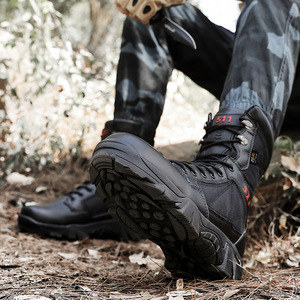 Bottes de combat tactiques 511 pour hommes, hauteur de la cheville, bout rond, cuir véritable, semelle en caoutchouc antidérapante, doublure en maille, utilisation en extérieur - Product Image 1
