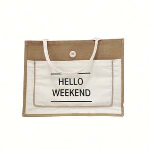 Sac fourre-tout en jute de haute qualité, écologique, avec logo imprimé, blanc naturel, poche épaisse, grand sac en toile de jute pour le week-end, vente en gros en ligne - Product Image 1