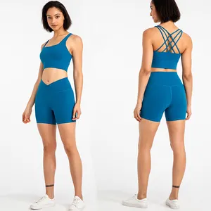 Pantalones cortos de cintura alta cruzada para mujer, conjunto de dos piezas de sujetador para Yoga, pantalones cortos deportivos con Control de barriga, ropa de gimnasio