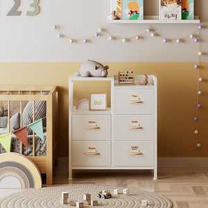 <span class=keywords><strong>Commode</strong></span> blanche à <span class=keywords><strong>5</strong></span> <span class=keywords><strong>tiroirs</strong></span> pour chambre à coucher, étagère de rangement à 2 niveaux pour placard, structure métallique robuste pour couloirs et pièces. - Product Image 4