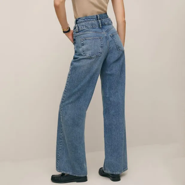 Calças jeans de cintura dupla para mulheres, tecido confortável de alta qualidade e cor personalizada, lavagem de cintura alta